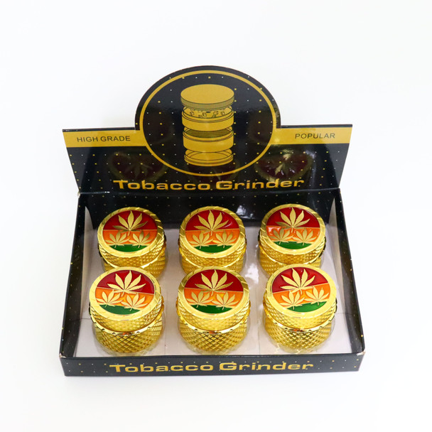 RASTA LEAVES GOLD BASE 4 PART 55MM GRINDER DISPLAY OF 6