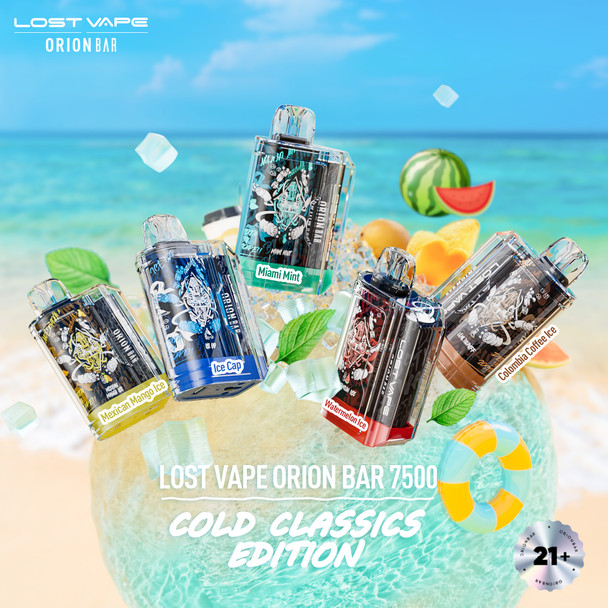 LOST VAPE ORION BAR COLD CLASSICS EDITION 18ML 7500 PUFFS RECHARGEABLE DISPOSABLE DISPLAY OF 10