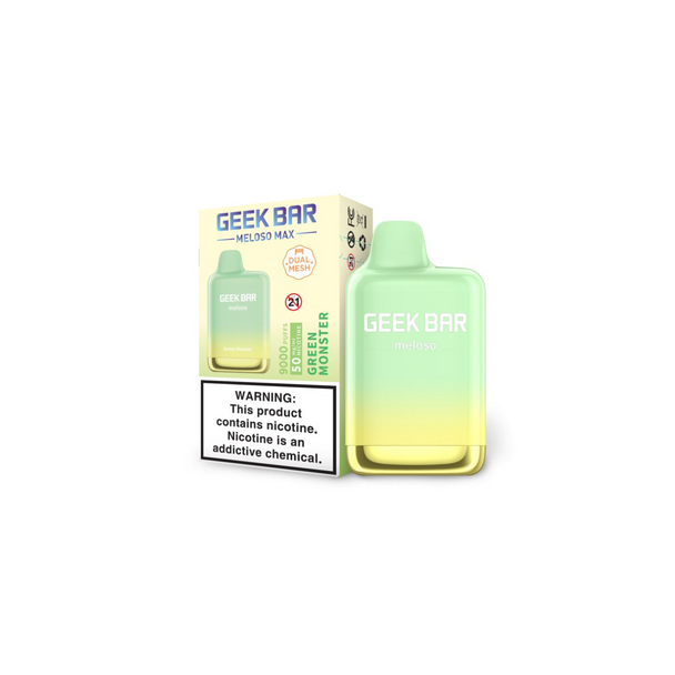 GEEK BAR MELOSO MAX Green Monster Vape Flavor: Crisp and sour green apple flavor finished with a refreshing, cooling icy kick, available at Wisemen Wholesale.