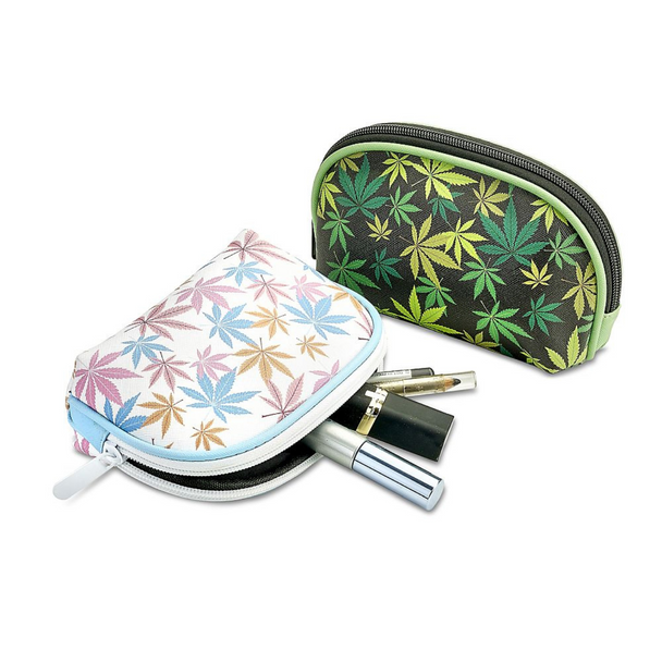COSMETIC BAG WITH LEAF DESIGN TWO ASSORTED DESIGNS DISPLAY OF 12