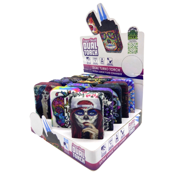 SMOKE ZILLA SUGAR SKULL DUAL TORCH DISPLAY OF 15 (23016)