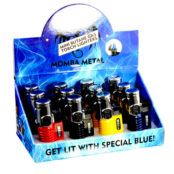 SPECIAL BLUE MOMBA METAL LIGHTER/TORCH DISPLAY OF 12