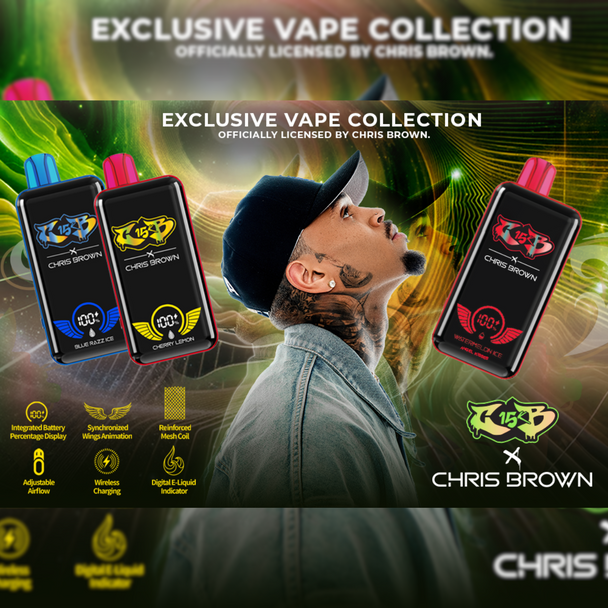 CHRIS BROWN CB15K 15ML 15000 PUFFS DISPOSABLE SYNCHRONIZED WINGS ANIMATION DISPLAY OF 5