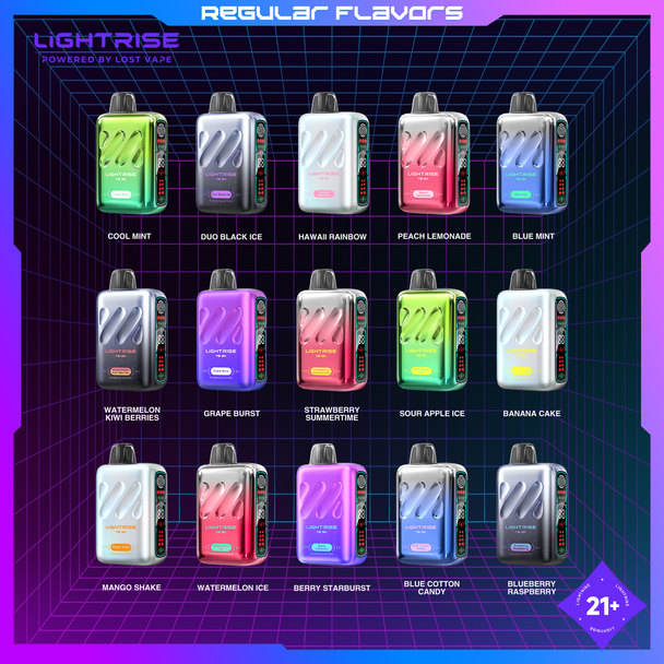 LIGHTRISE TB18K BY LOST VAPE 18000 PUFF 18ML DISPOSABLE TOUCH BUTTON DISPLAY OF 5