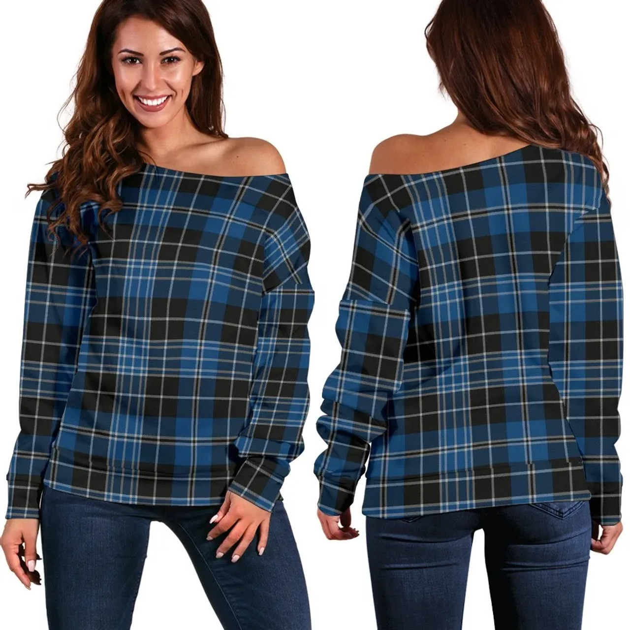 Scottish Clergy Blue Clan Tartan Women Off Shoulder Sweater