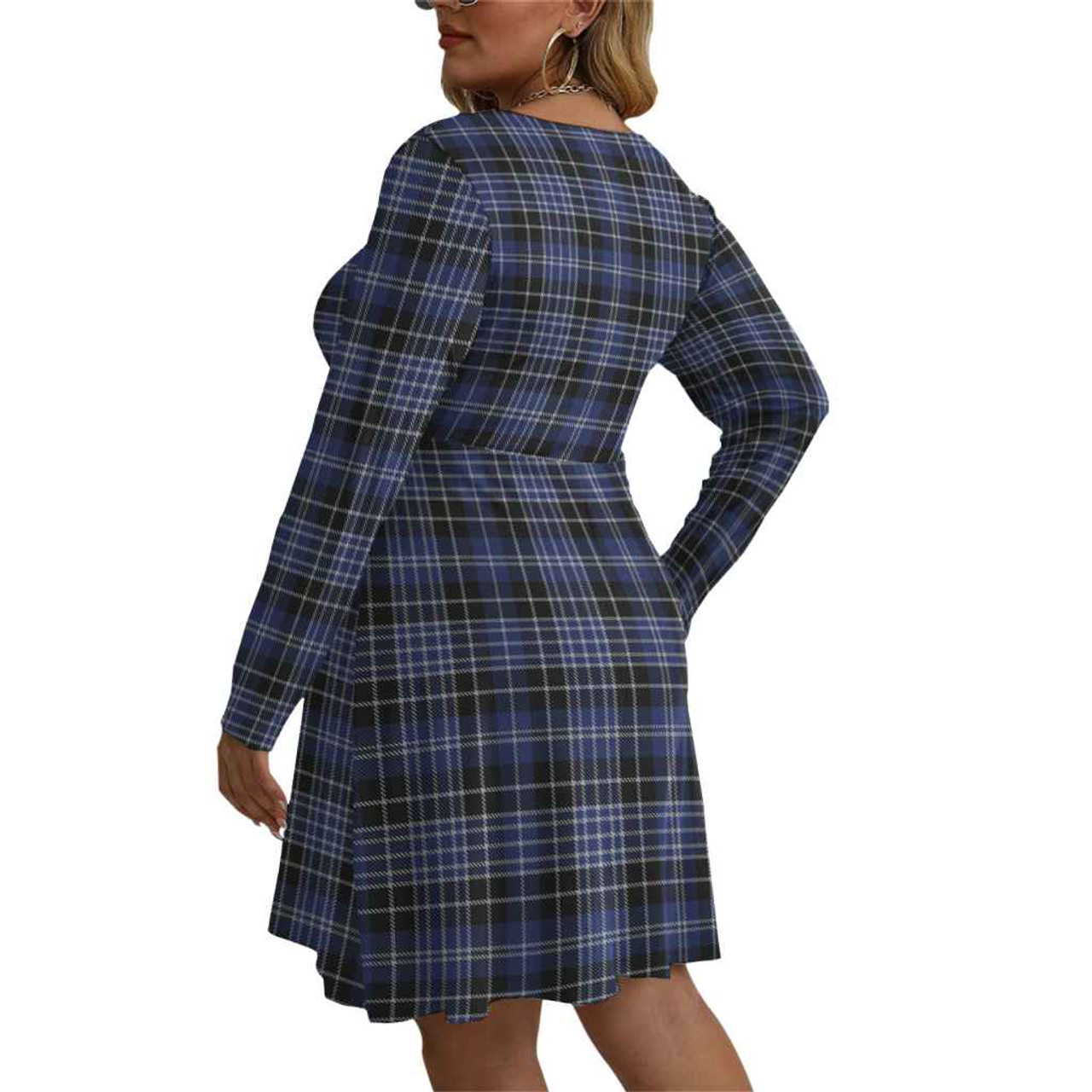 Family Matching Dark Blue Plaid Lapel Long-sleeve Dresses and Shirts Sets