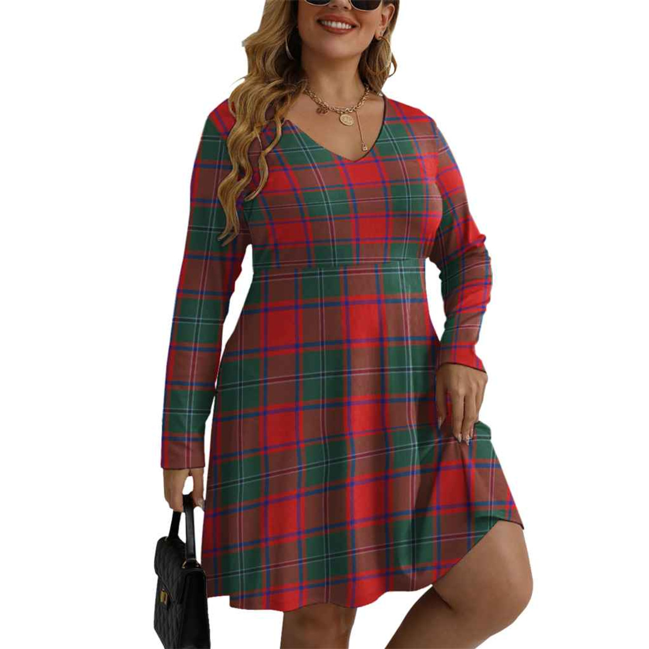 Scottish MacPhail Clan Tartan Women V-neck Long Sleeve Dress