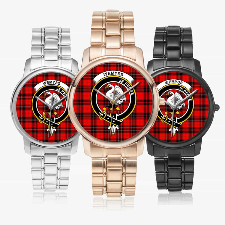 Scottish Wemyss Clan Crest Tartan Folding Clasp Steel Quartz  Watches Tartan Plaid
