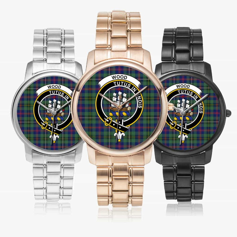 Scottish Wood Clan Crest Tartan Folding Clasp Steel Quartz  Watches Tartan Plaid
