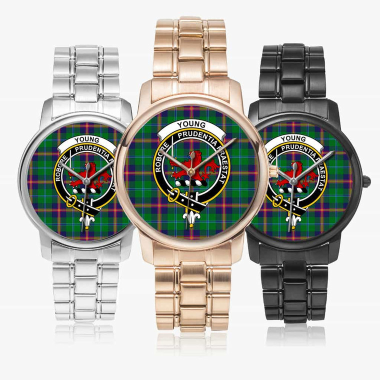 Scottish Young Clan Crest Tartan Folding Clasp Steel Quartz  Watches Tartan Plaid