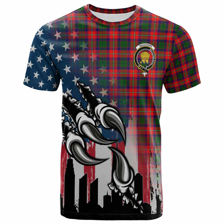 Scottish Wauchope (or Waugh) Clan Crest Tartan T-Shirt - USA Patriotic Eagle Flag Design Front Tartan Plaid