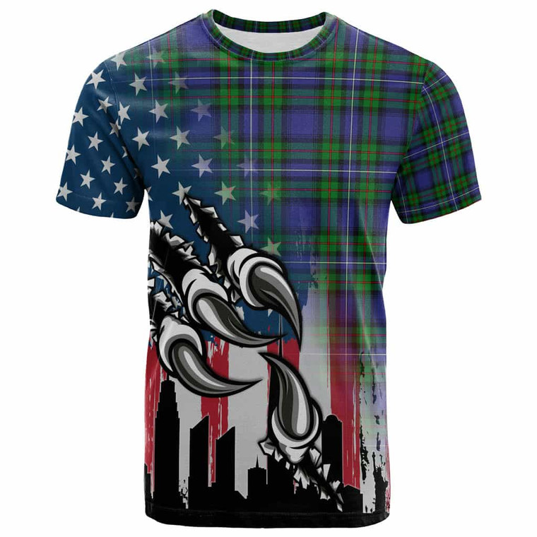 Scottish Robertson Hunting Modern Clan Tartan T-Shirt - USA Patriotic Eagle Flag Design Front Tartan Plaid
