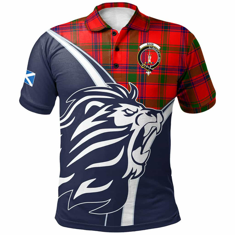 Scottish Bain Clan Crest Tartan Polo Shirt - Scottish Flag With Lion Front Tartan Plaid