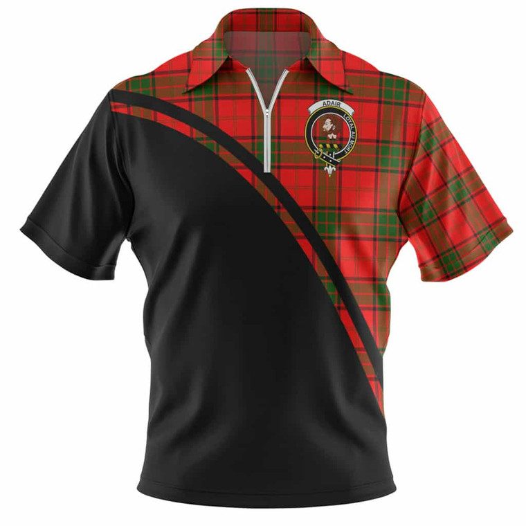 Scottish Adair Clan Crest Tartan Curve Zip Polo Shirt Front Side Tartan Plaid