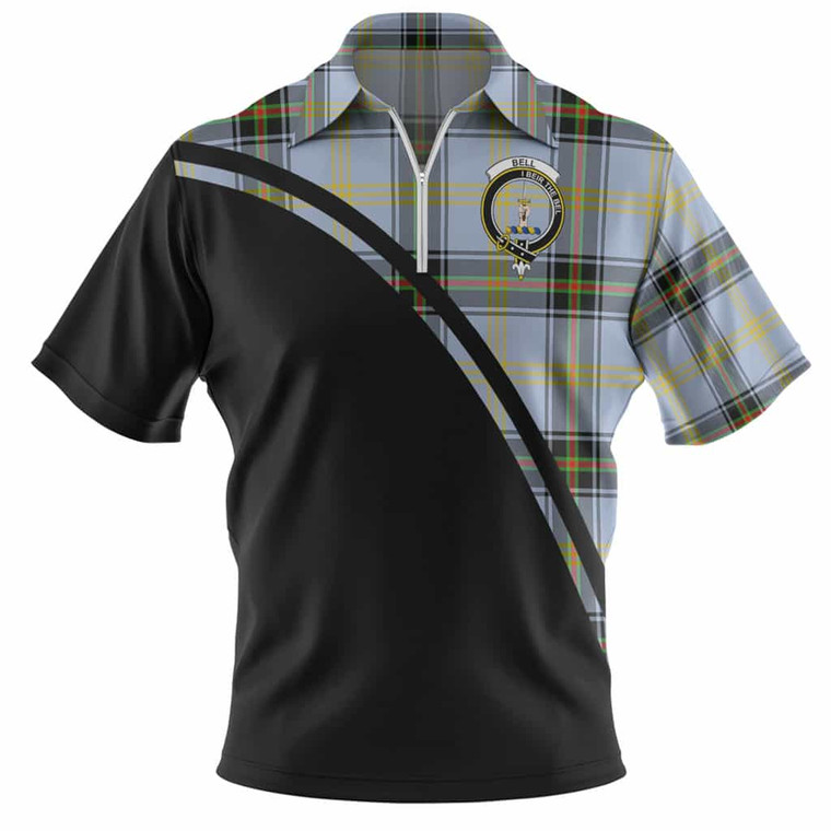 Scottish Bell Clan Crest Tartan Curve Zip Polo Shirt Front Side Tartan Plaid