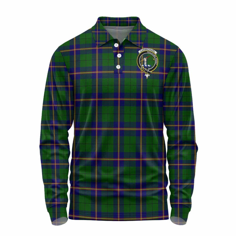 Scottish Carmichael Clan Crest Tartan Long Sleeve Polo Shirt Front Side Tartan Plaid