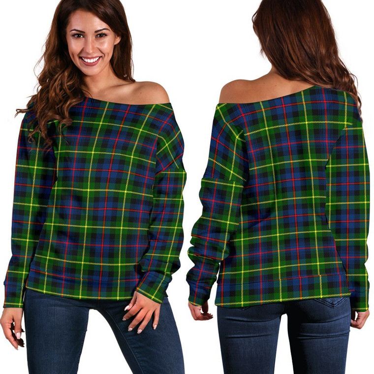 Scottish Farquharson Modern Clan Tartan Women Off Shoulder Sweater 1