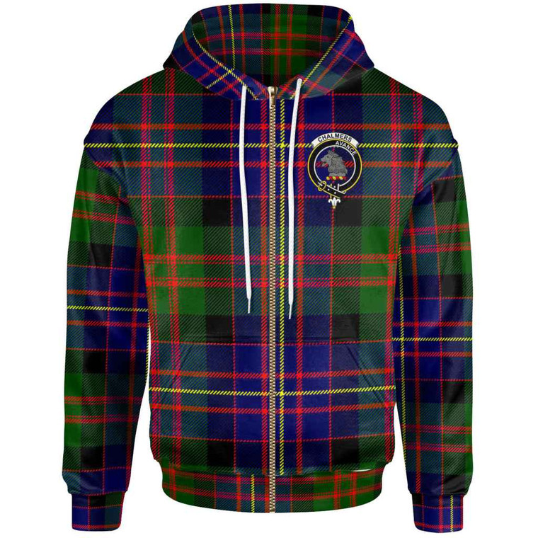 Scottish Chalmers Clan Crest Tartan Zip-Up Hoodie Front Side Tartan Plaid