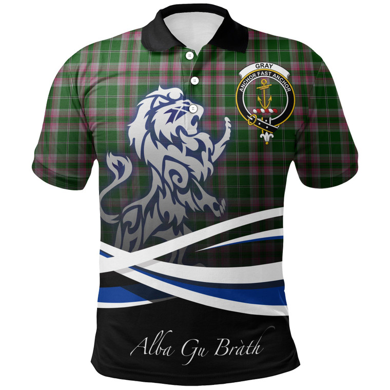 Scottish Gray Hunting Clan Crest Tartan Polo Shirt - Scotland Lion Tartan Plaid 1