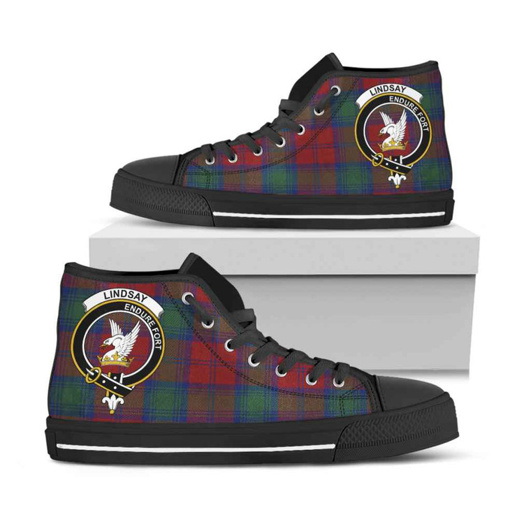 Scottish Lindsay Clan Crest Tartan High Top Shoes Black Sole Tartan Plaid