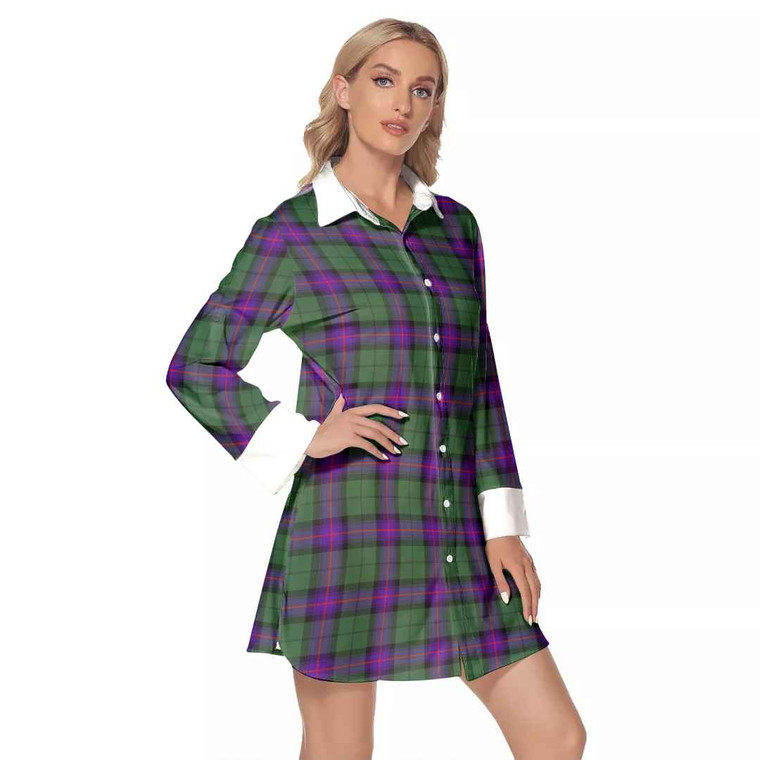 Scottish Armstrong Modern Clan Tartan Lapel Shirt Dress with Long Sleeves Tartan Plaid 1