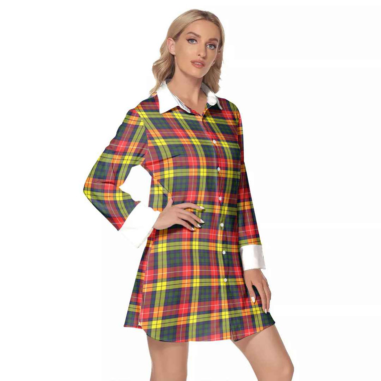 Scottish Buchanan Modern Clan Tartan Lapel Shirt Dress with Long Sleeves Tartan Plaid 1