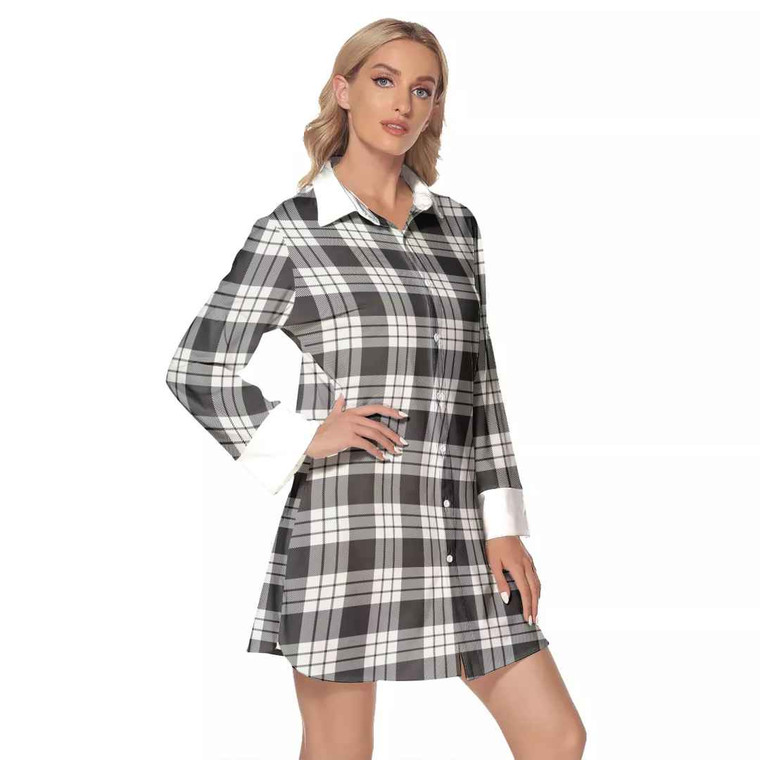 Scottish MacFarlane Black & White Ancient Clan Tartan Lapel Shirt Dress with Long Sleeves Tartan Plaid 1