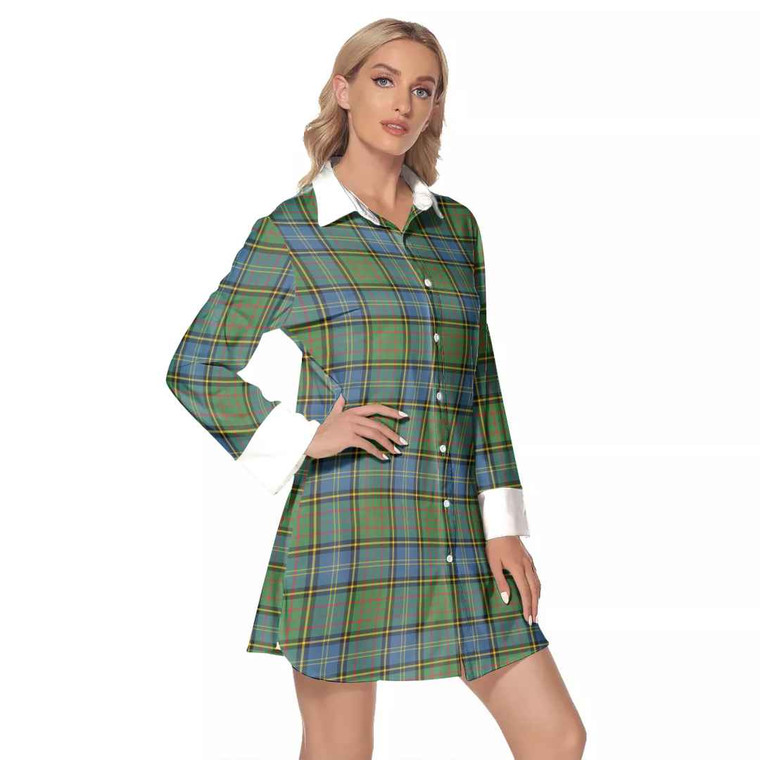 Scottish MacMillan Hunting Ancient Clan Tartan Lapel Shirt Dress with Long Sleeves Tartan Plaid 1