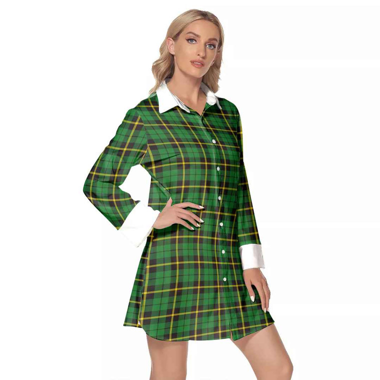 Scottish Wallace Hunting - Green Clan Tartan Lapel Shirt Dress with Long Sleeves Tartan Plaid 1
