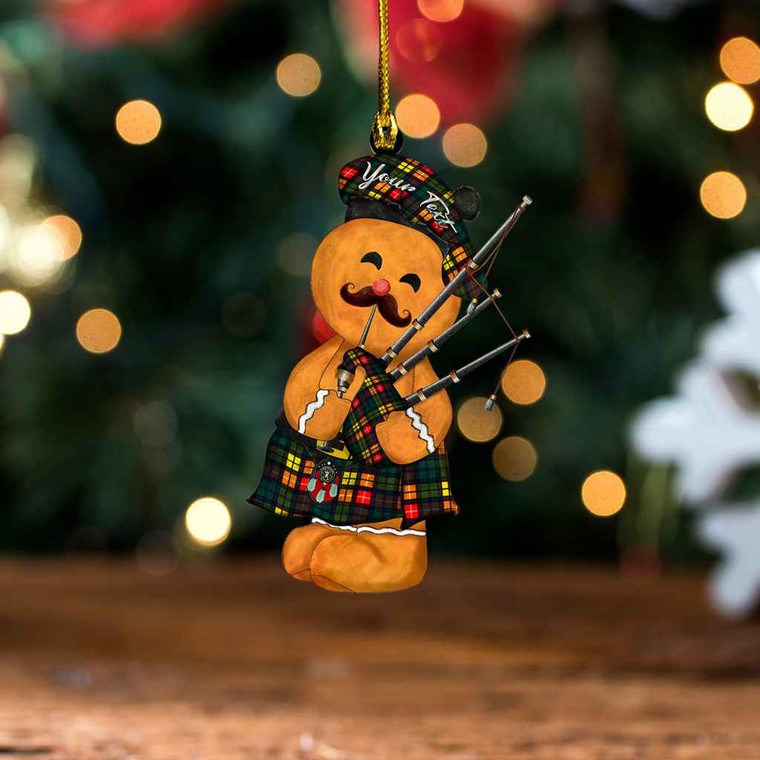 Scottish Buchanan Modern Clan Crest Tartan Wood Acrylic Ornament Gingerbread Bagpipe Personalized