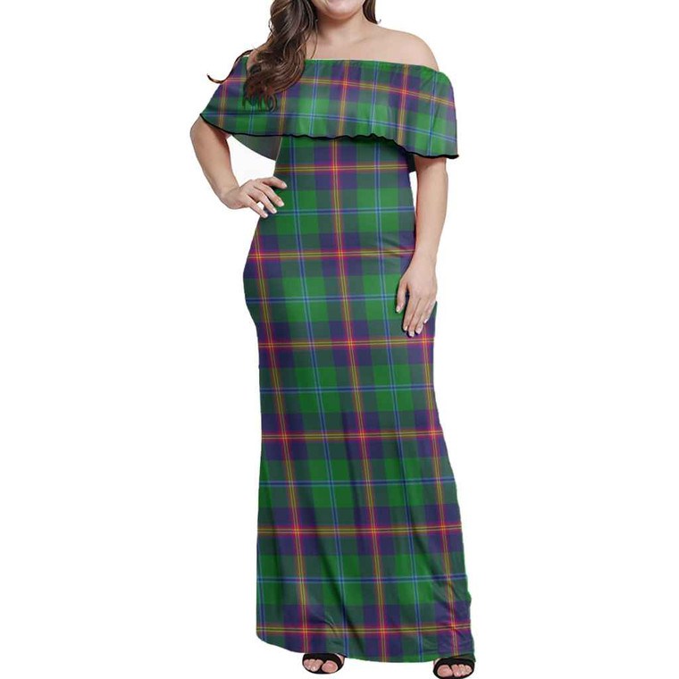 Scottish Young Modern Clan Tartan Women Off Shoulder Long Dress Tartan Plaid 1