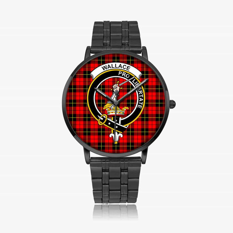 Scottish Wallace Clan Crest Tartan Instafamous Steel Quartz Watches Black1