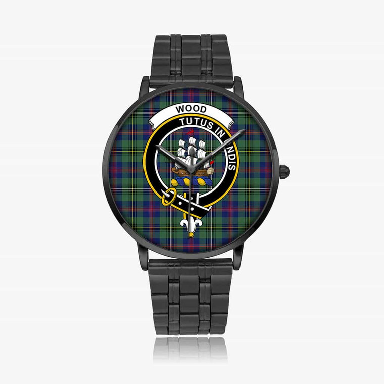 Scottish Wood Clan Crest Tartan Instafamous Steel Quartz Watches Black1