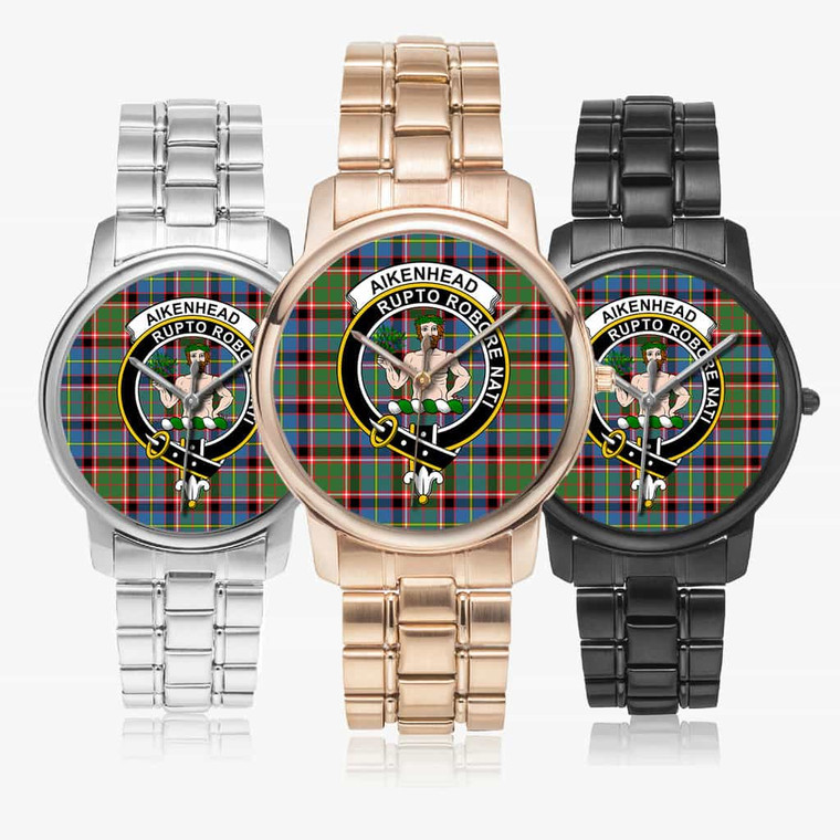 Scottish Aikenhead Clan Crest Tartan Folding Clasp Steel Quartz  Watches Tartan Plaid