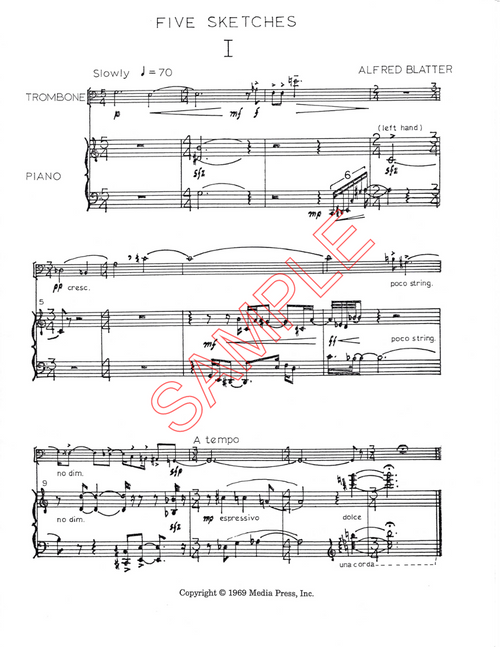 Blatter, Alfred- Five Sketches, for solo trombone with piano (Digital Download) Blatter, Alfred- Five Sketches, for solo trombone with piano (Digital Download)