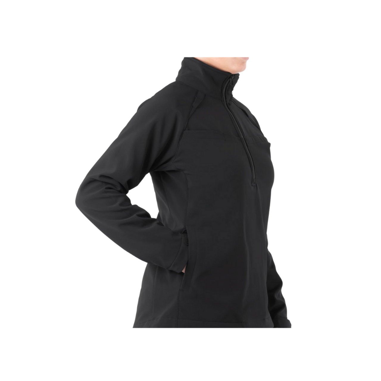 The Women's SoftShell Job Shirt is made to fit the demands of your job so you can stay on the move. 1/2 zip styling gives you ultimate security. 4-way stretch warm and wind resistant shell provides durability for repeated pullover action, and a soft fleece lining keeps you warm and comfortable. Made with premium hardware and styled with easy access mic loops, you won’t find job shirt more suited for you.