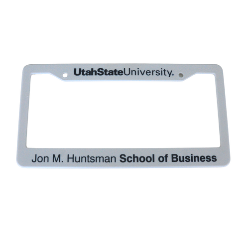 License Plate Frame- White with Navy font