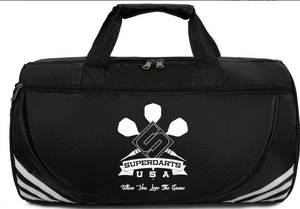 Superdarts Duffel bag - approx. size 18" long x 9" dia x 10" height.  Silver reflective logo one side.  Inside zippered pocket, outside large zippered pocket, additional storage on each end of bag. Superdarts Duffel bag - approx. size 18" long x 9" dia x 10" height.  Silver reflective logo one side.  Inside zippered pocket, outside large zippered pocket, additional storage on each end of bag.