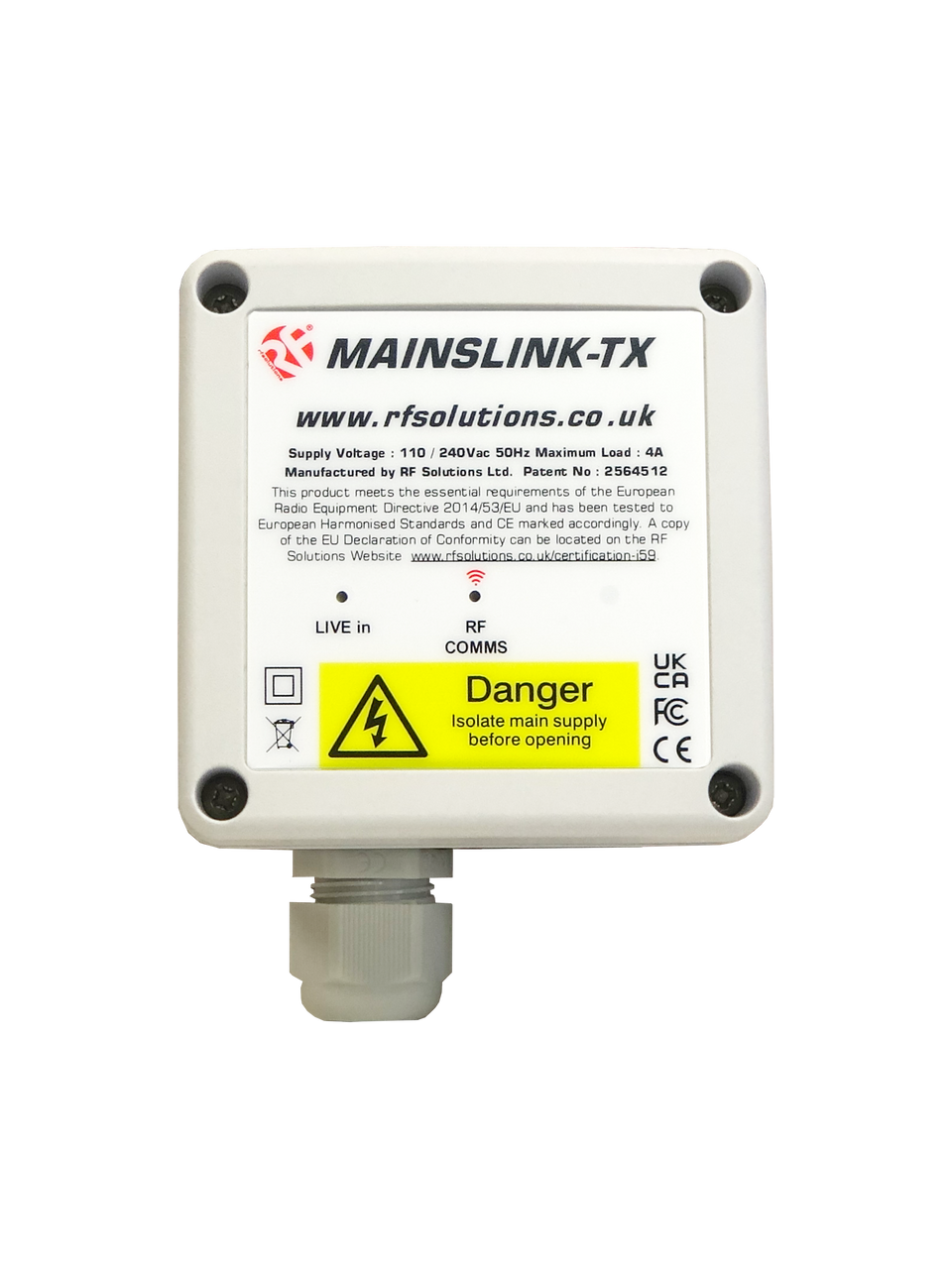 1 CHANNEL 230VAC MAINSLINK TRANSMITTER ONLY, 868MHZ