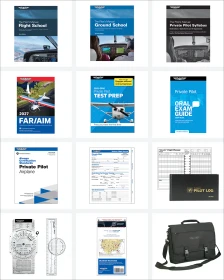 Part 141 Student Kit includes The Pilot’s Manual: Flight School, The Pilot’s Manual: Ground School, The Pilot’s Manual Private Pilot Syllabus (eBook PD), FAR/AIM, Private Pilot Test Prep, Private Pilot Oral Exam Guide, Airman Certification Standards Private Pilot Airplane, Student Flight Record: Private, 2 sheets from Flight Planner Form, The Standard® Pilot Logbook, Aluminum E6-B Flight Computer, Ultimate Rotating Plotter, Student Sectional Chart, ASA Pilot Briefcase