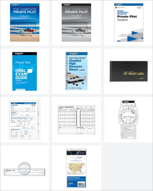 The Student Pilot Kit includes: The Complete Private Pilot textbook and syllabus, Airman Certification Standards for Private Pilot Airplane, Private Oral Exam Guide, Visualized Flight Maneuvers Handbook for High-Wing Aircraft (Low-Wing available on request), The Standard® Pilot Logbook, Student Flight Record: Private, 2 sheets from Flight Planner Form, Fiberboard E6-B flight computer, Ultimate Rotating Plotter, Student Sectional Chart