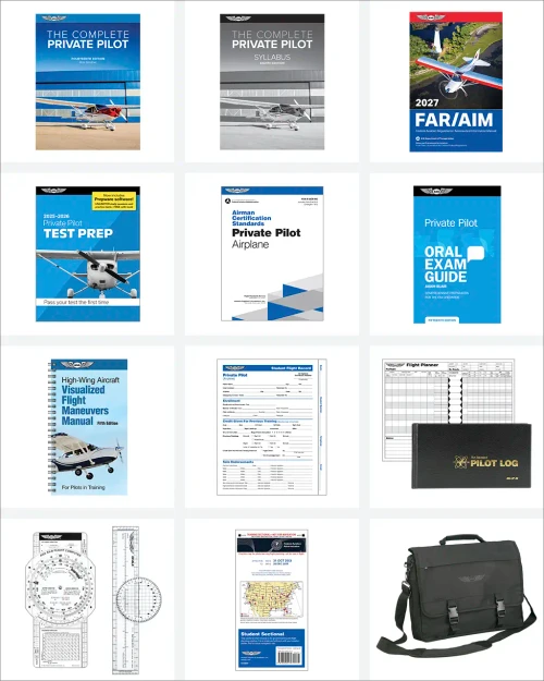 Part 61 Student Kit includes The Complete Private Pilot by Bob Gardner, The Complete Private Pilot Syllabus, FAR/AIM, Private Pilot Test Prep, Airman Certification Standards Private Pilot Airplane, Private Pilot Oral Exam Guide, High-Wing Aircraft Visualized Flight Maneuvers Manual, Student Flight Record: Private, Flight Planner Form (2 sheets), The Standard® Pilot Logbook in black, Fiberboard E6-B Flight Computer, Ultimate Rotating Plotter, Student Sectional Chart, ASA Pilot Briefcase