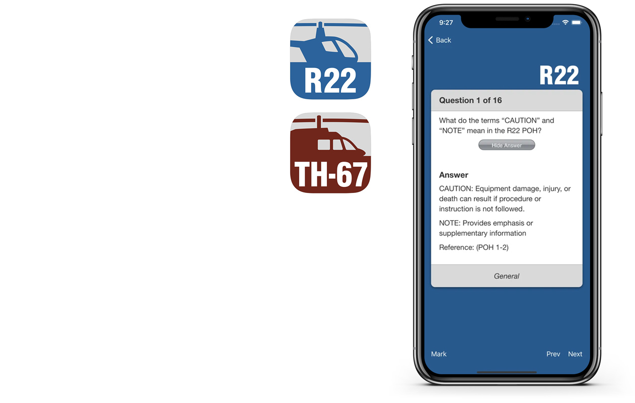 R22 and TH-67 helicopter app icons and app displayed on mobile phone