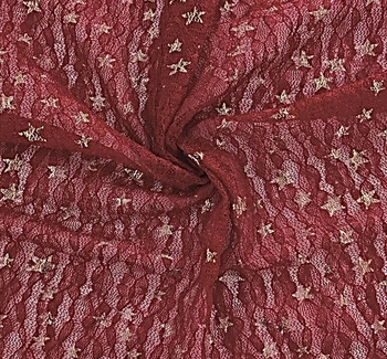 Lace with Foil Gold Stars 101812-500 Dark Wine fabric by the yard, 50/52 inches wide