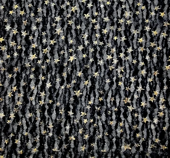Lace with Foil Gold Stars 101812-500 Black fabric color and pattern detail, 50/52 inches wide