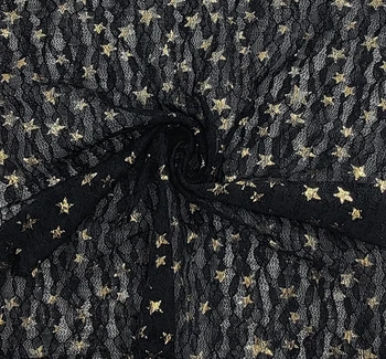 Lace with Foil Gold Stars 101812-500 Black fabric by the yard, 50/52 inches wide