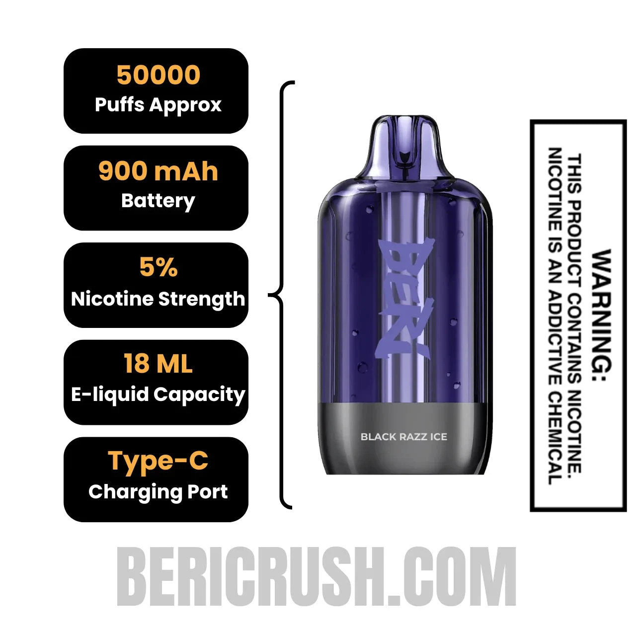 Black Razz Ice Beri Cliq 50K Disposable Vape Pod Specifications
