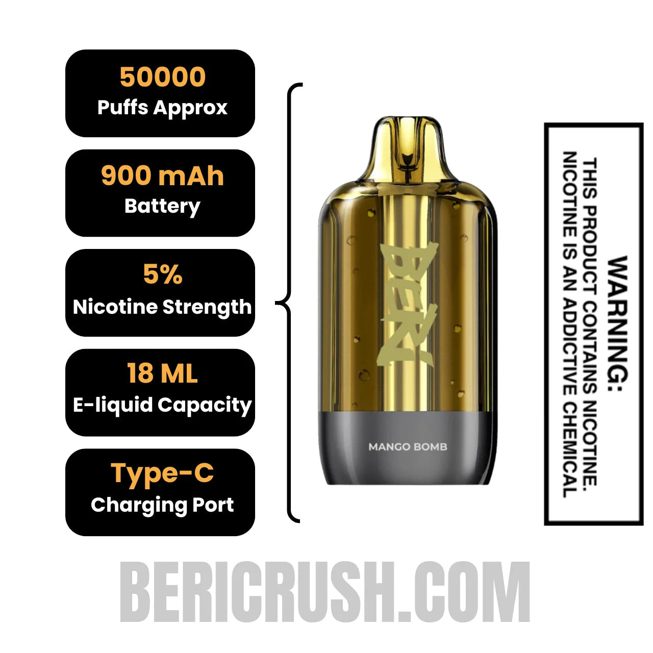 Mango Bomb Beri Cliq 50K Disposable Vape Pod Specifications