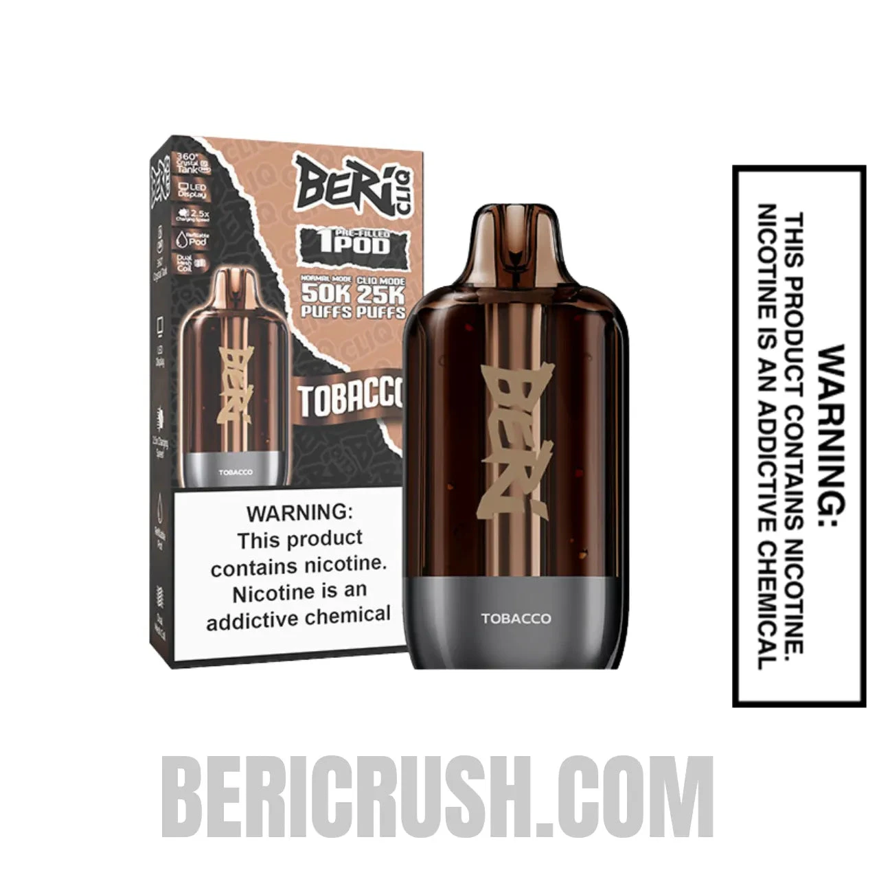 Tobacco Beri Cliq 50K Disposable Vape Pod with Specifications