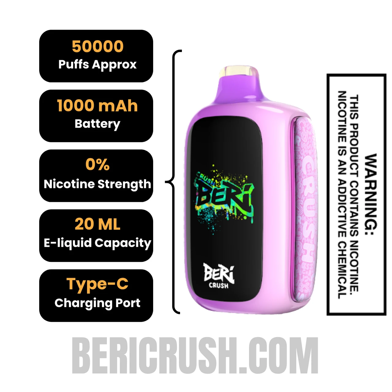 Grape Ice Beri Crush 50K Zero Nicotine Disposable Vape Specifications